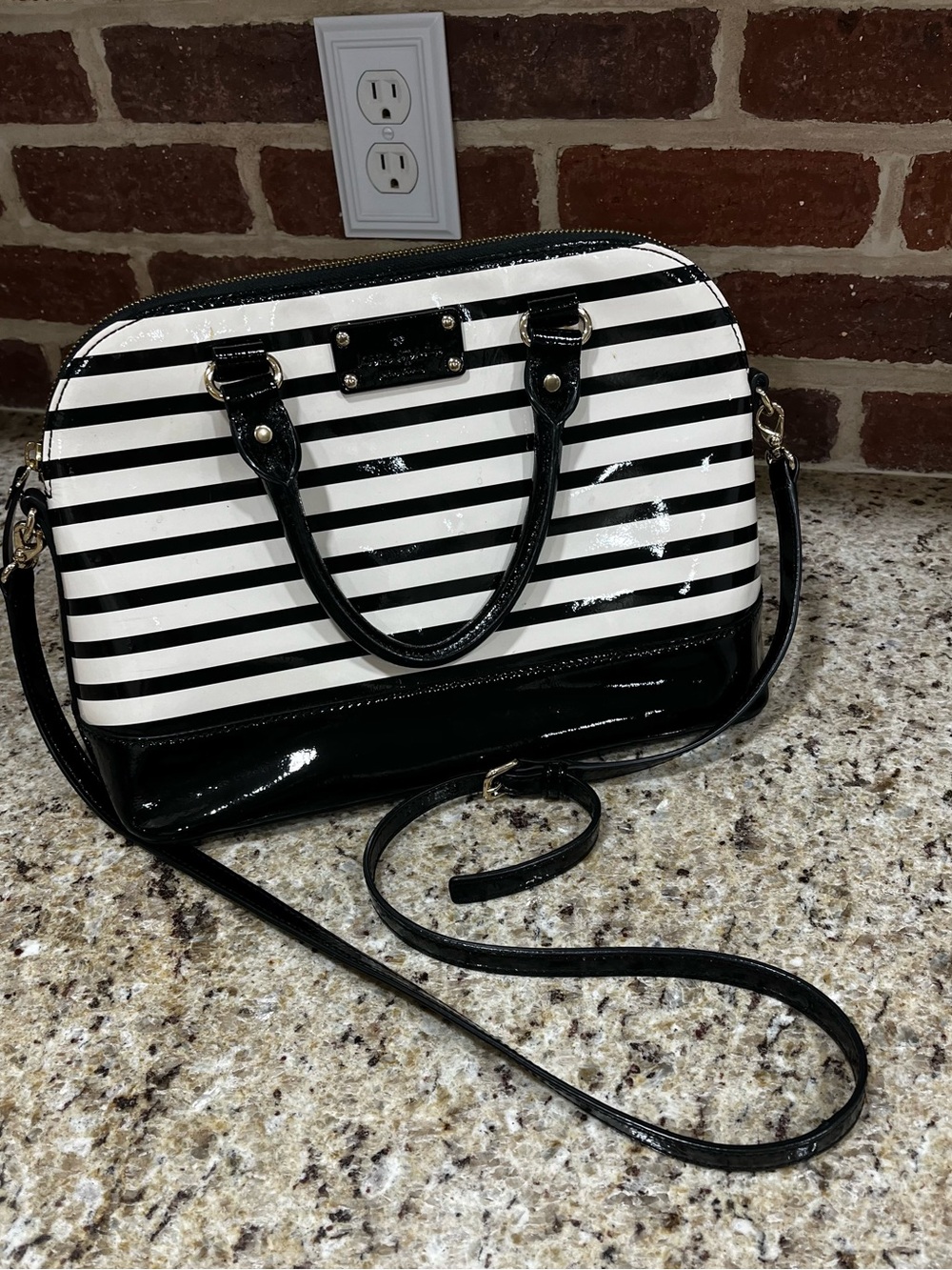 Kate Spade Black & White Striped Patent Dome Shoulder Bag
